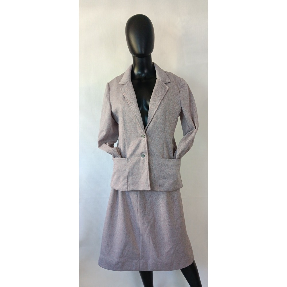 Vintage Handmade 1980s Skirt Suit Mauve Pleated Panel Jacket Set Medium KS0268